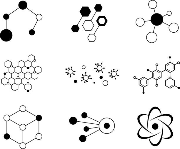 научные атомные элементы - atom molecule molecular structure chemistry stock illustrations