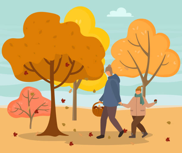 tata i syn zbieranie grzybów w jesiennym lesie - grzybobranie stock illustrations