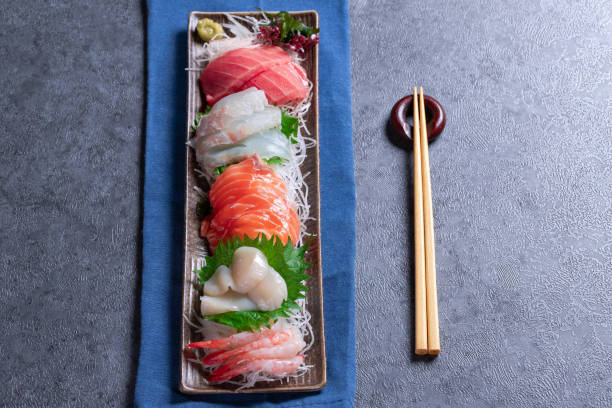 istock Japanese food mixed sashimi on gray stone 1263860833
