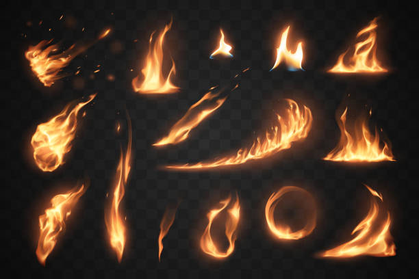 ilustraciones, imágenes clip art, dibujos animados e iconos de stock de conjunto de elementos de llamas de fuego sobre fondo transparente - fire