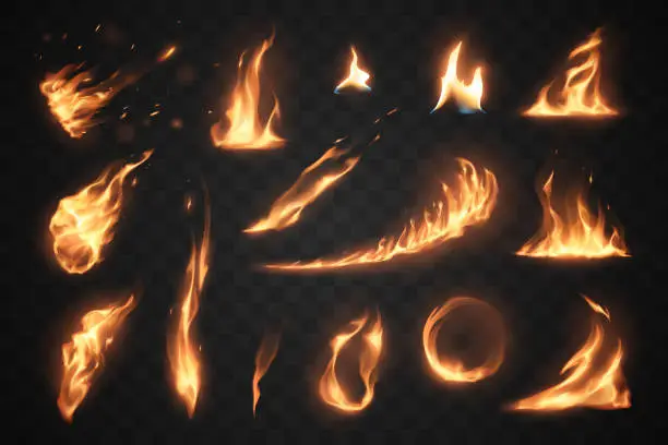 Vector illustration of Set of fire flames elements on transparent background