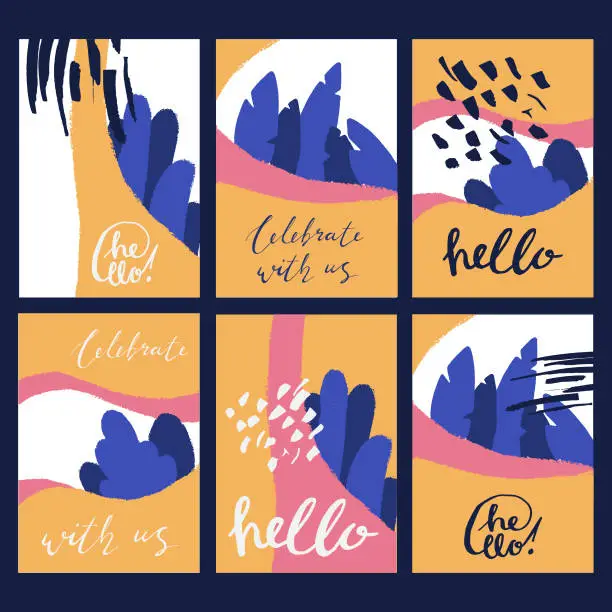 Vector illustration of Set of six colorful cards with liquid shapes, leaves and text. Vector A5, A4 format templates for greeting, wedding cards, holiday posters, banners, invitations. CELEBRATE WITH US, HELLO - text.