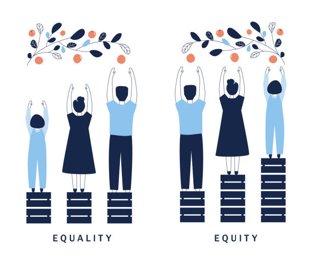 Equality and Equity Concept Illustration. Human Rights, Equal Opportunities and Respective Needs. Modern Design Vector Illustration Equality and Equity Concept Illustration. Human Rights, Equal Opportunities and Respective Needs. Modern Design Vector Illustration. justice concept illustrations stock illustrations