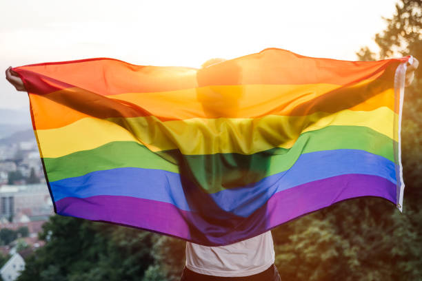 Gay man Gay man stanting with LGBT flag on sunset Pride stock pictures, royalty-free photos & images