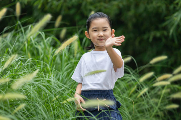 Cute little girl greets in the grass