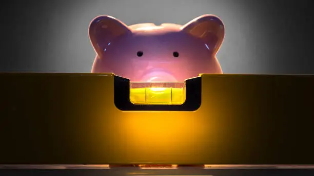 Piggy bank looks over the bubble level on the shelf against green wall