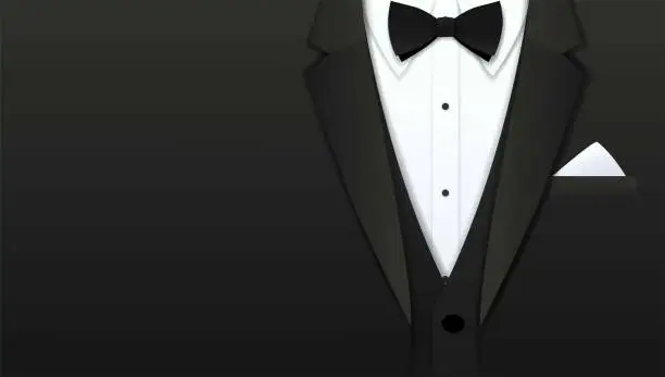 Vector illustration of Close up of classic formal male tuxedo and bow tie with copy space, Paper art cut and craft style background