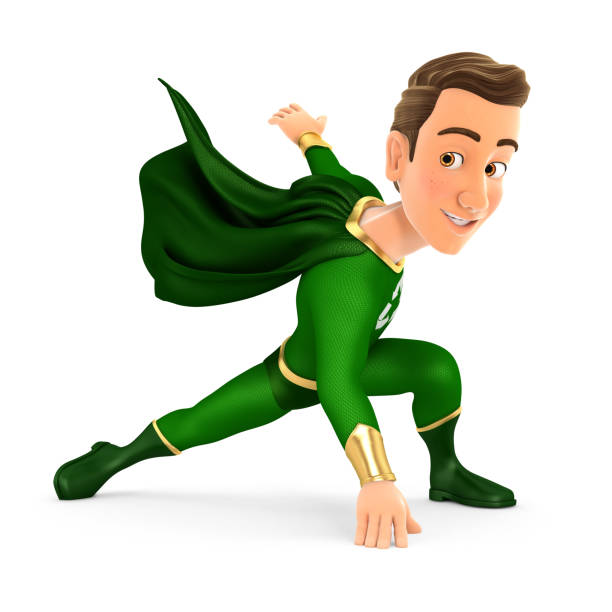 3d green hero landing on floor, illustration with isolated white background