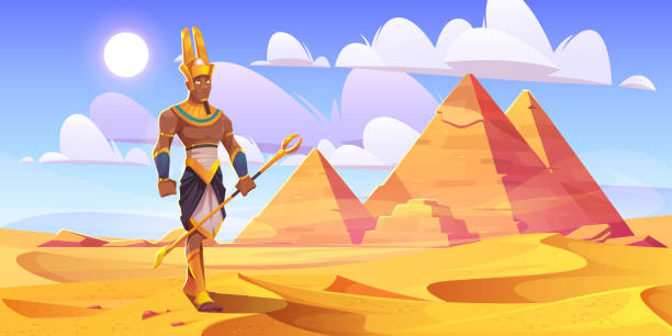 ピラミッドのある砂漠の古代エジプトの神アムン - mythical pharaoh点のイラスト素材／クリップアート素材／マンガ素材／アイコン素材