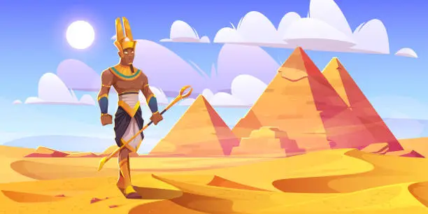 Vector illustration of Ancient Egyptian god Amun in desert with pyramids