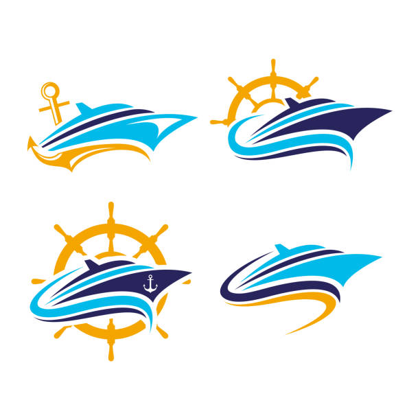 illustrazioni stock, clip art, cartoni animati e icone di tendenza di barca, navi, yacht, logo vettore crociera. perfetto per la compagnia di trasporti. stile colore piatto - anchor harbor vector symbol