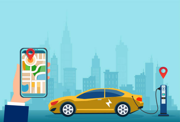 Vector of an owner of the electric car using smart phone to locate charging station in the city Vector of an owner of the electric car using smartphone to locate charging station in the city phone charging station icon stock illustrations