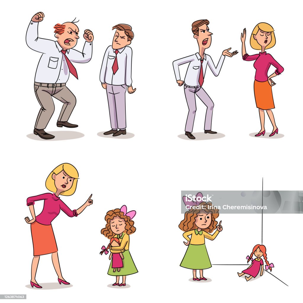 Chain Anger People Relationship Scene Vector Set Aggressive Boss Chief  Shouting On Man Employee At Work Husband Screaming On Scared Wife At Home  Mother Scolding Daughter Girl Scolds Doll Stock Illustration -