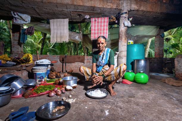 12/07/2020 arambol. goa. india. una anciana prepara coco para cocinar para toda la familia. preparación de alimentos tradicionales - editorial indian culture traditional culture horizontal fotografías e imágenes de stock