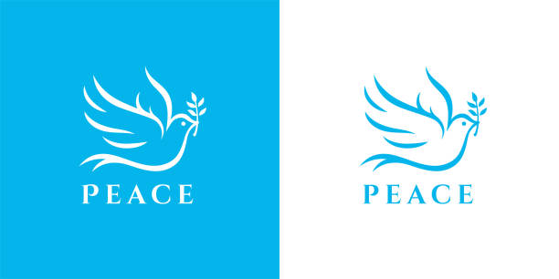 Flying dove icon peace symbol Flying peace dove with olive branch symbol. Spiritual purity sign. Peaceful christian charity icon. Vector illustration. dove stock illustrations