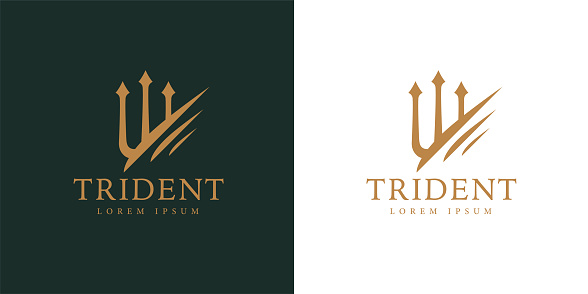 Gold trident business icon. Premium corporate company brand identity emblem. Abstract forked spear sign. Devils pitchfork symbol. Vector illustration.