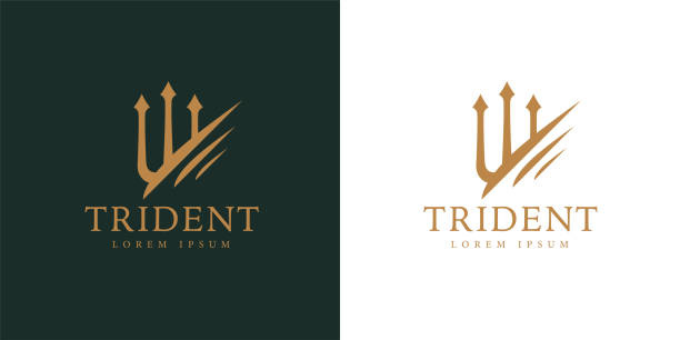 Premium corporate company trident icon Gold trident business icon. Premium corporate company brand identity emblem. Abstract forked spear sign. Devils pitchfork symbol. Vector illustration. neptune fork stock illustrations