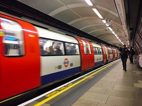 London, UK - 12 15 2017: London underground train arrives to Elephant & Castle Station.