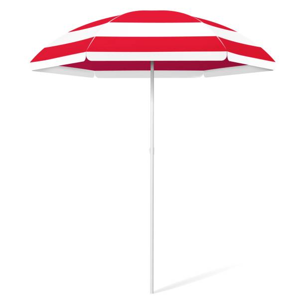illustrazioni stock, clip art, cartoni animati e icone di tendenza di ombrellone colorato da spiaggia aperta vettoriale - rosso e bianco - parasol vector umbrella beach