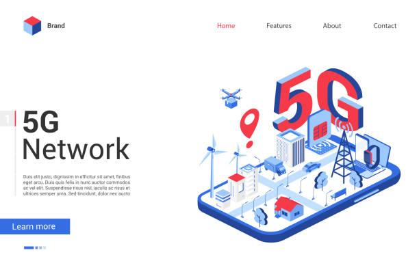 アイソメトリック5gネットワークベクトルイラスト、現代のコンセプトバナー、スマートシティのための漫画の3d技術モバイルネットワーキング技術とウェブサイトのデザイン - 第5世代移動通信システム点のイラスト素材／クリップアート素材／マンガ素材／アイコン素材