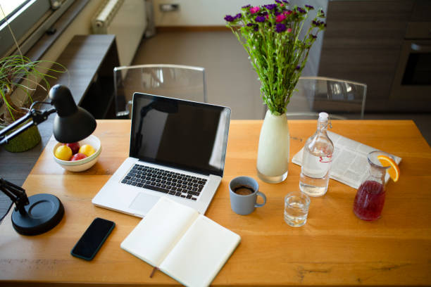 High angle view of a simple home office setup