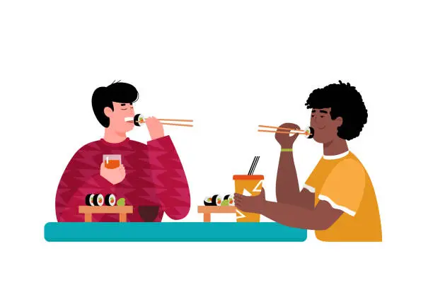 Vector illustration of Friends man eating sushi in japanese restaurant vector illustration isolated.