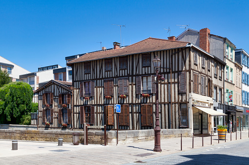 Châlons-en-Champagne, France - June 25 2020: Half-timbered house along the Nau river in the city center.