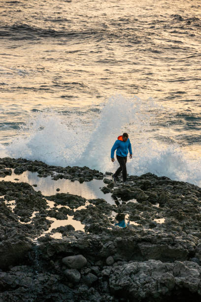 uomo in piedi sulla costa rocciosa, la palma, isole canarie, spagna - rocky coastline spain la palma canary islands foto e immagini stock