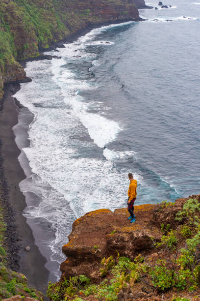 człowiek stojący na krawędzi klifu, patrzący na wybrzeże, la palma, wyspy kanaryjskie, hiszpania - waters edge nature water wave zdjęcia i obrazy z banku zdjęć