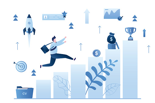 Handsome man employee or office clerk running on ascending diagram or stairs. Career ladder, job opportunities for growth and development at work. Business target achievement. Flat vector illustration