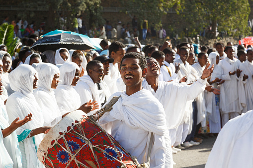 Gonder, Ethiopia, February 18 2015: People dressed in traditional attire celebrate the Timkat festival, the important Ethiopian Orthodox celebration of Epiphany