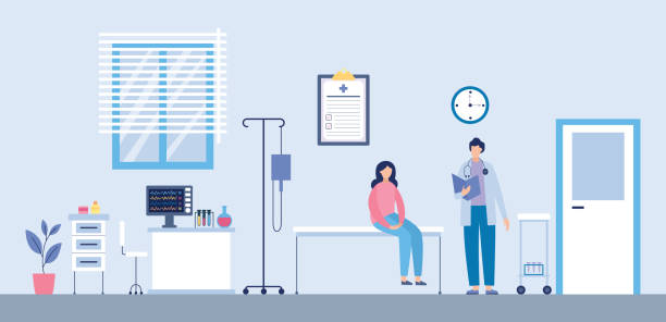 ilustrações, clipart, desenhos animados e ícones de ilustração vetorial plana de um exame médico de um paciente em um ambulatório. - patient room