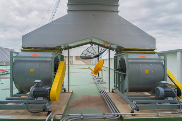 istock Chiller tower or cooling tower on rooftop of a office building. System work. Architecture machine. Condenser Water Supply (CDS) and Condenser Water Return (CDR) pipe lines. Ventilation compressor. 1263894846