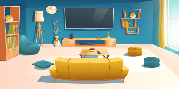 Living room interior with sofa and tv, apartment Living room interior with sofa, tv, bookshelf and coffee table. Apartment with couch front of television set on wall, empty home design with bean bag chair and decoration, Cartoon vector illustration living room stock illustrations