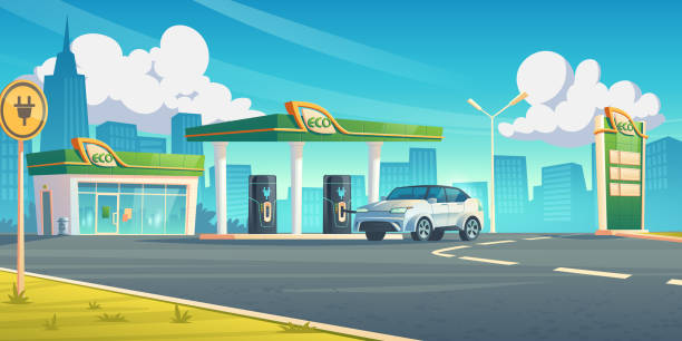 전기 자동차 충전 스테이션 ev 급유 서비스 - car backgrounds battery service stock illustrations
