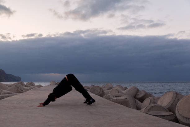 istock Down dog pose by the sea 1263895648