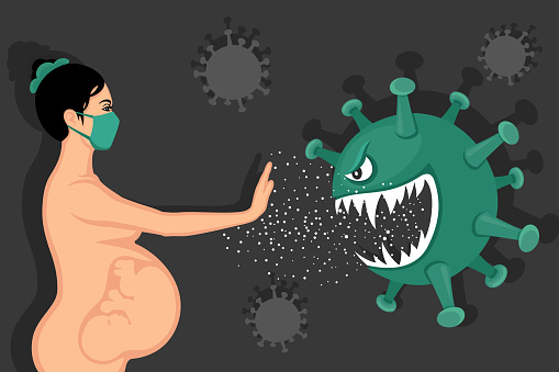 Pregnant woman wearing mask face to face with Coronavirus monster.