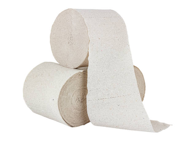istock Three rolls of cheap grey toilet paper isolated on white background 1263901921
