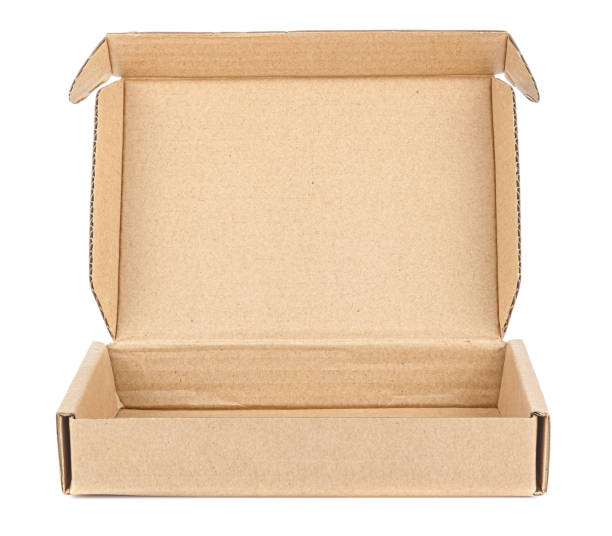 istock Front view of empty flat brown carton box with open lid isolated on white background 1263901954