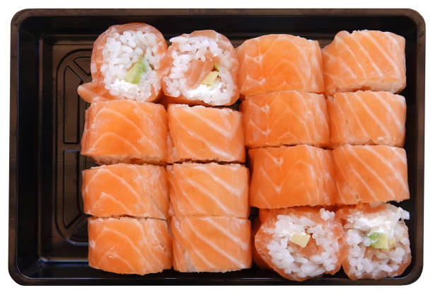 istock Sushi salmon raw fish with rice meal on plastic tray 1263903123