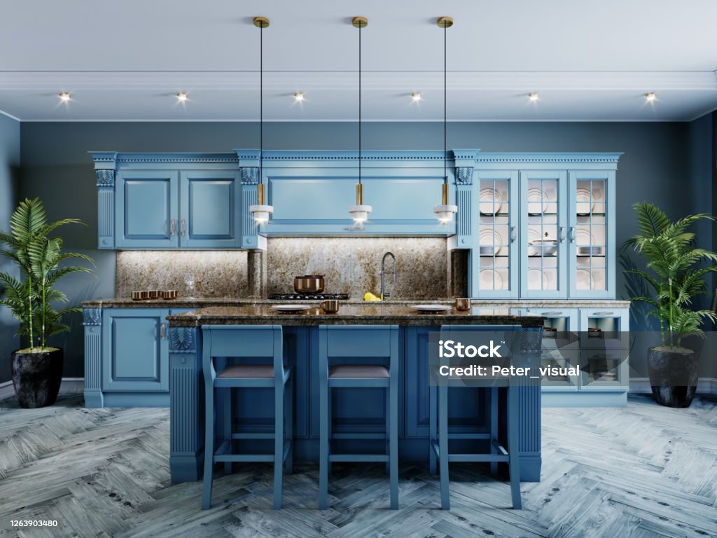 Fashionable kitchen with blue walls and blue furniture, a kitchen in a modern classic style. Fashionable kitchen with blue walls and blue furniture, a kitchen in a modern classic style. 3D rendering. Kitchen Stock Photo