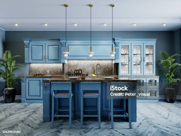 Fashionable Kitchen With Blue Walls And Blue Furniture A Kitchen In A Modern Classic Style Stock Photo - Download Image Now