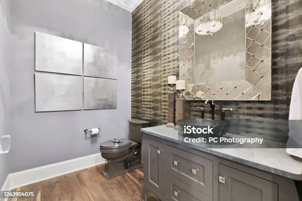 Interesting Wallpaper And Decor In New Bathroom Stock Photo - Download Image Now - Bathroom, Wallpaper - Decor, Toilet