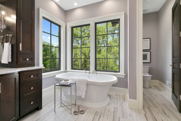 istock Freestanding bathtub in newly built bathroom 1263904103