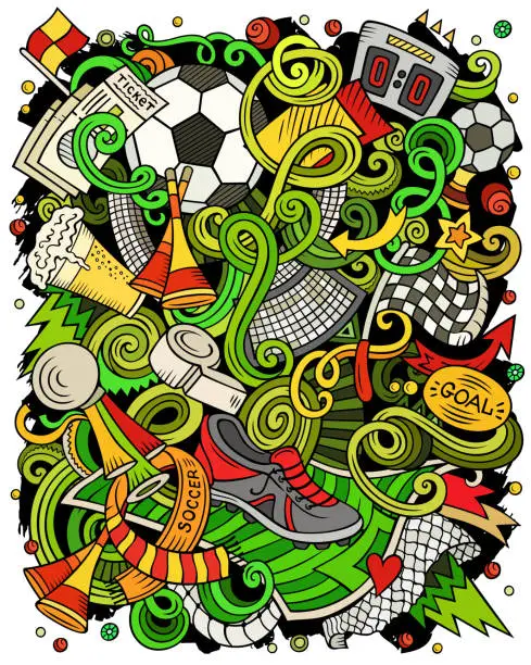 Vector illustration of Cartoon vector doodles Football illustration. Soccer funny picture
