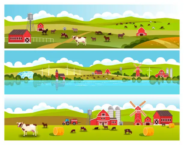 Vector illustration of Rural landscape collection with green hills, cows, fields, tractor, barn, livestock, mill, haystack.