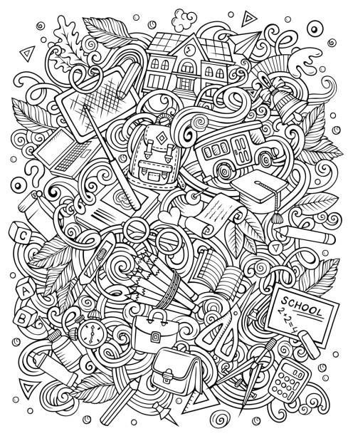 Cartoon vector doodles funny sketchy School illustration Cartoon vector doodles School illustration. Colorful, detailed, with lots of objects background. All objects separate. Bright colors education funny picture funny-school-bus stock illustrations