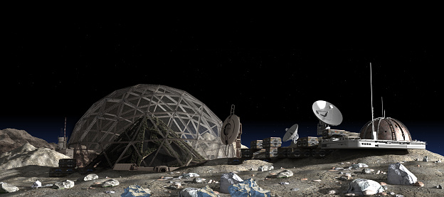 3D Illustration of a Moon outpost colony with a geodesic dome housing a vertical garden pyramid, for space exploration, terraforming and colonization, or science fiction backgrounds.