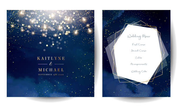 Magic night dark blue cards with sparkling glitter bokeh and line art Magic night dark blue cards with sparkling glitter bokeh and line art. Diamond shaped vector wedding invitation. Gold confetti and navy background. Golden scattered dust.Fairytale magic star templates wedding stock illustrations