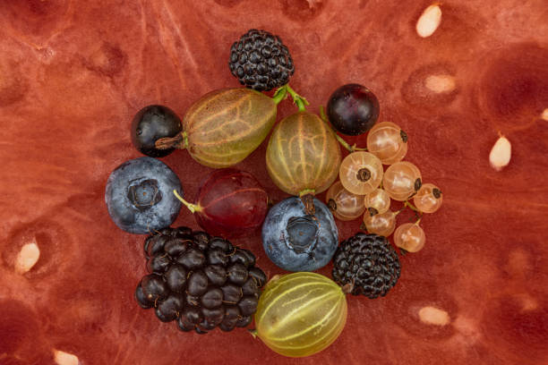 istock Mixed color garden fruit on red seedless water melone 1263914667